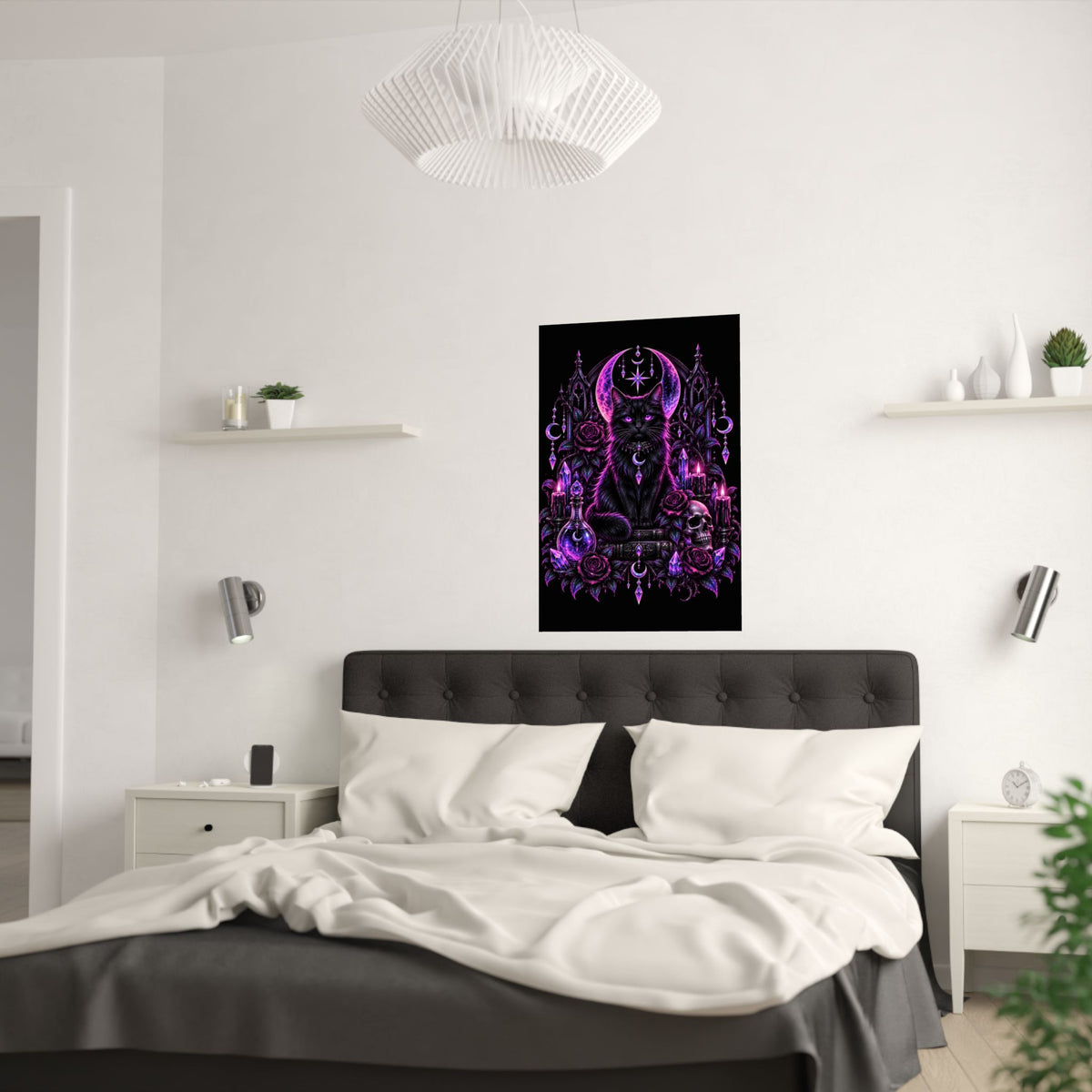 Neon Mystic Black Cat Satin Poster — Purple Gothic Witchcraft Wall Art