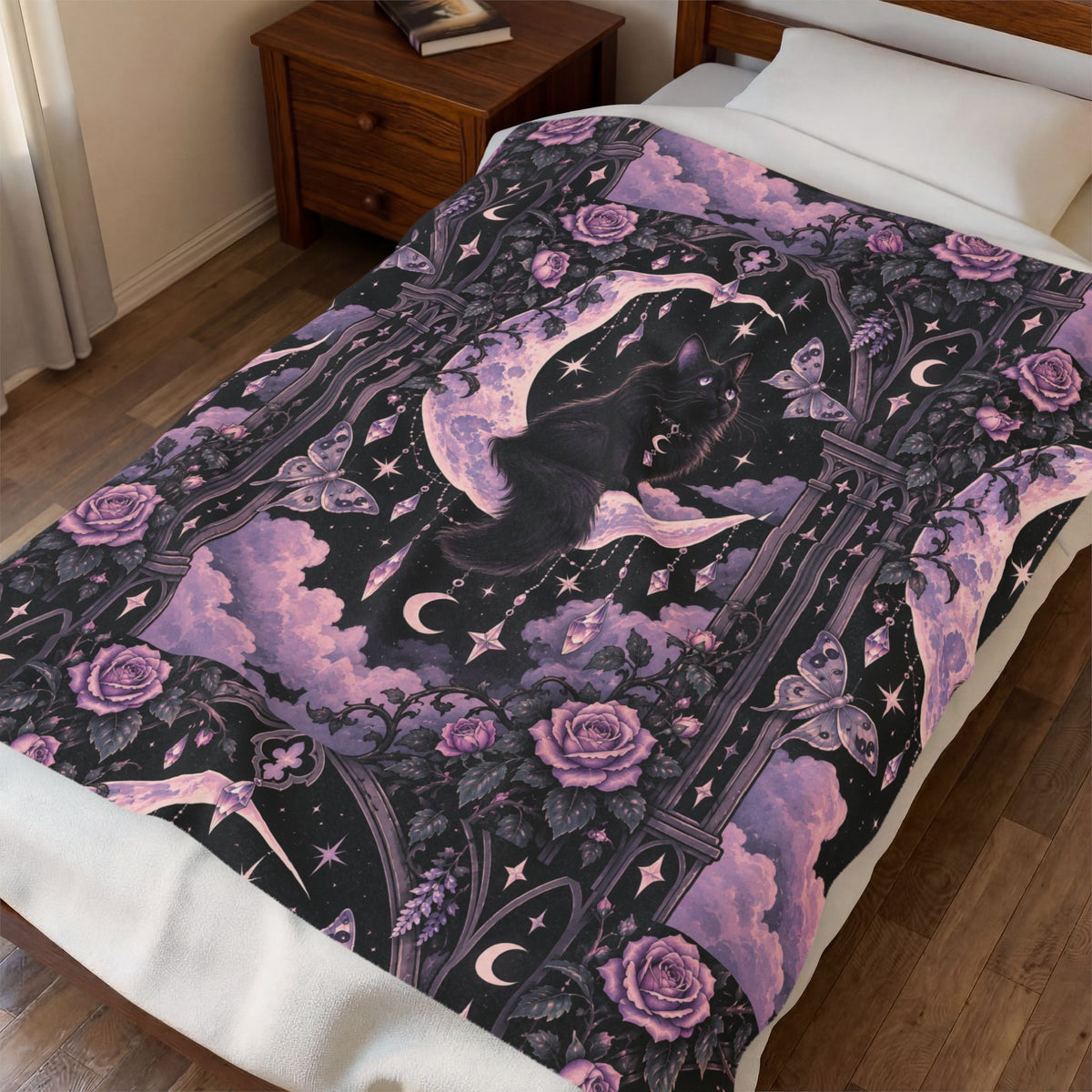 Pastel Mystic Moon Cat Velveteen Plush Blanket — Gothic Black Cat on Crescent Moon, Cozy Witchy Throw