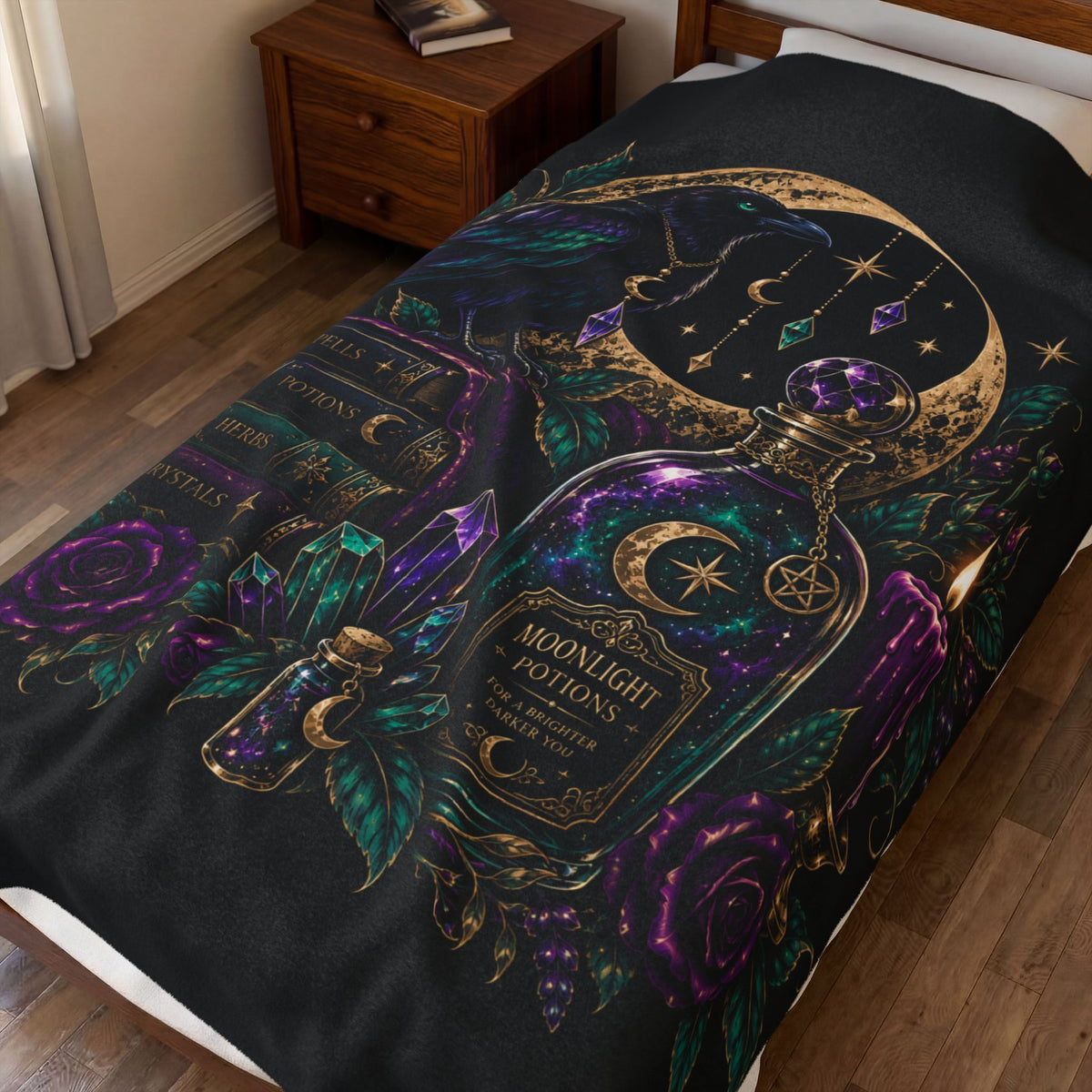 Jewel-tone Velveteen Plush Blanket — Moonlight Potions Raven Gothic Throw