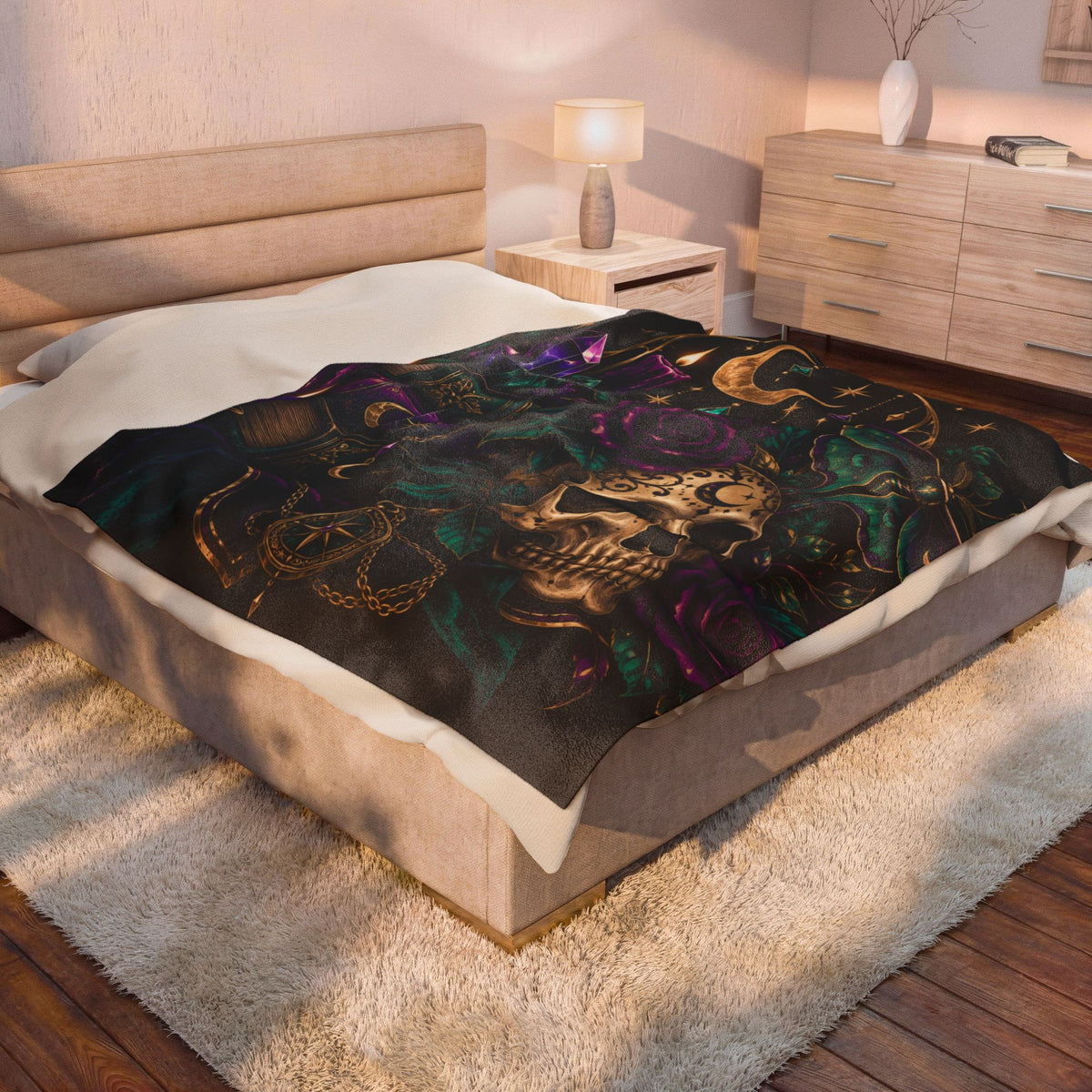 Jewel-tone Velveteen Plush Blanket — Gothic Moon & Skull Velvet Throw with Crystals, Roses, and Mystic Candles