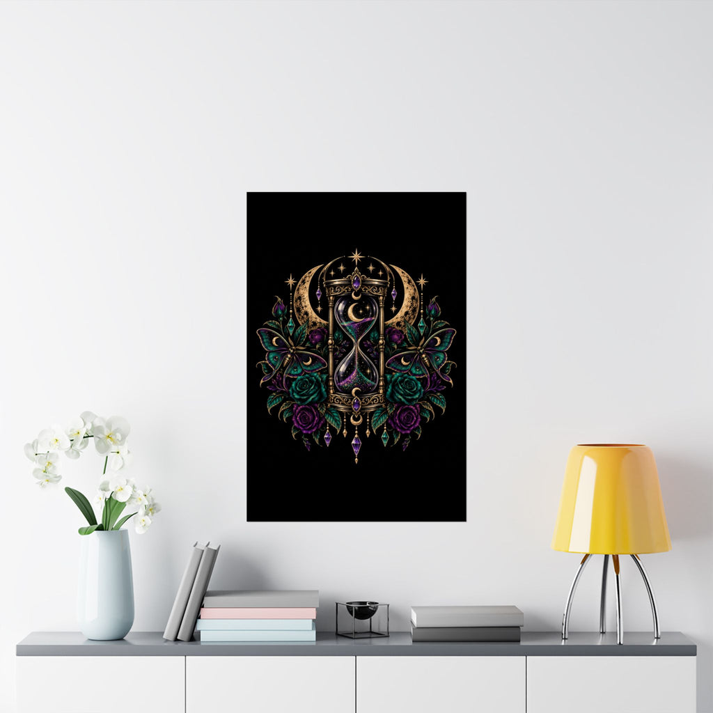 Jewel-tone Mystic Hourglass Satin Poster — Celestial Moon, Roses & Butterflies Wall Art