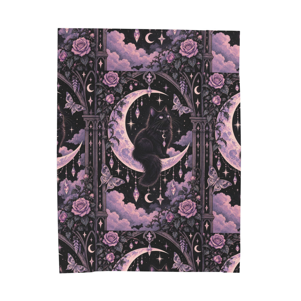 Pastel Mystic Moon Cat Velveteen Plush Blanket — Gothic Black Cat on Crescent Moon, Cozy Witchy Throw
