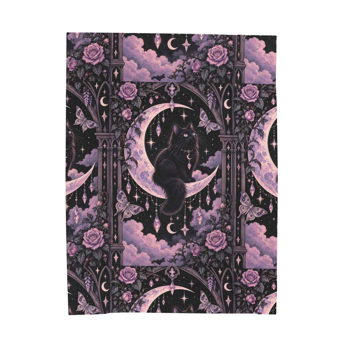 Pastel Mystic Moon Cat Velveteen Plush Blanket — Gothic Black Cat on Crescent Moon, Cozy Witchy Throw