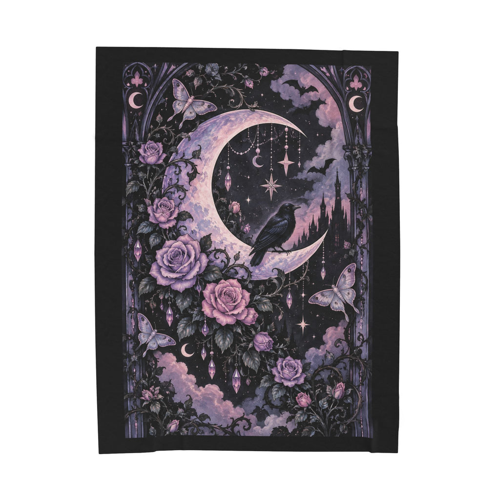 Pastel Gothic Moon Raven Velveteen Plush Blanket — Purple Floral Celestial Throw