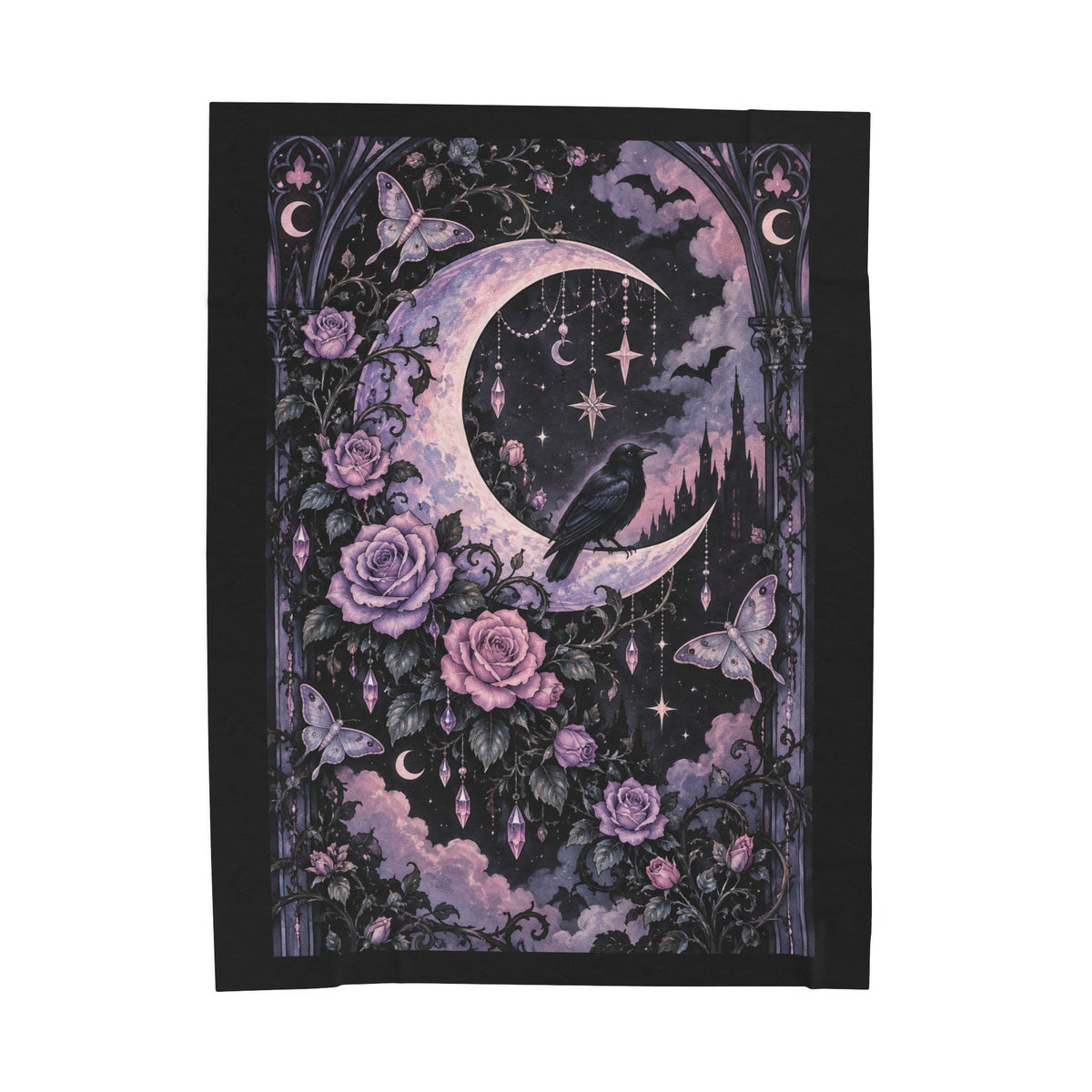 Pastel Gothic Moon Raven Velveteen Plush Blanket — Purple Floral Celestial Throw