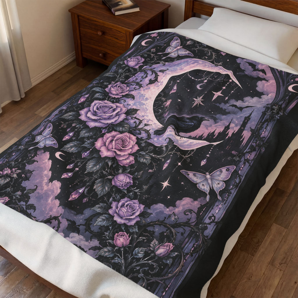 Pastel Gothic Moon Raven Velveteen Plush Blanket — Purple Floral Celestial Throw