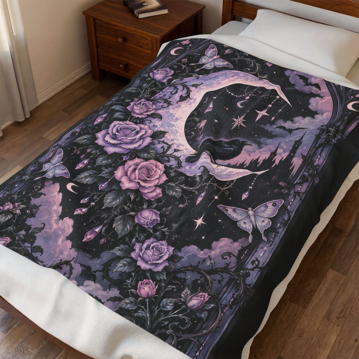 Pastel Gothic Moon Raven Velveteen Plush Blanket — Purple Floral Celestial Throw