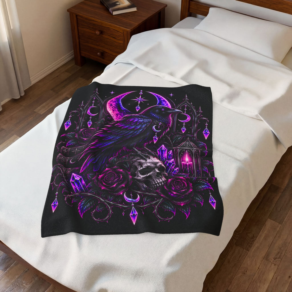 Neon Gothic Raven Moon Velveteen Plush Blanket — Skull, Roses & Crystal Lantern Throw