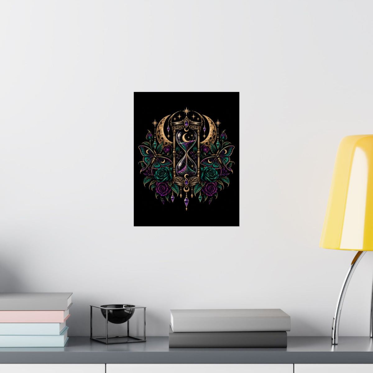 Jewel-tone Mystic Hourglass Satin Poster — Celestial Moon, Roses & Butterflies Wall Art