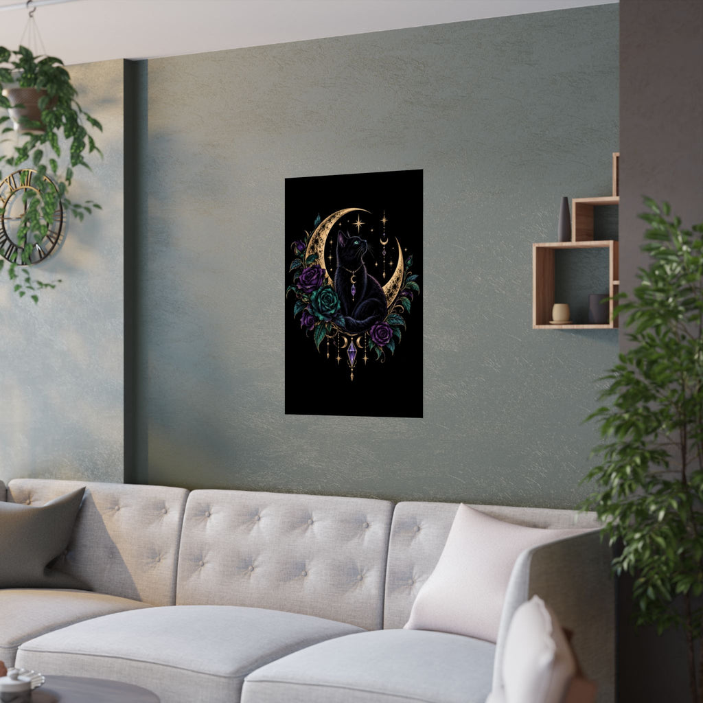 Jewel-tone Mystic Black Cat Moon Satin Poster — Gothic Rose Wall Art