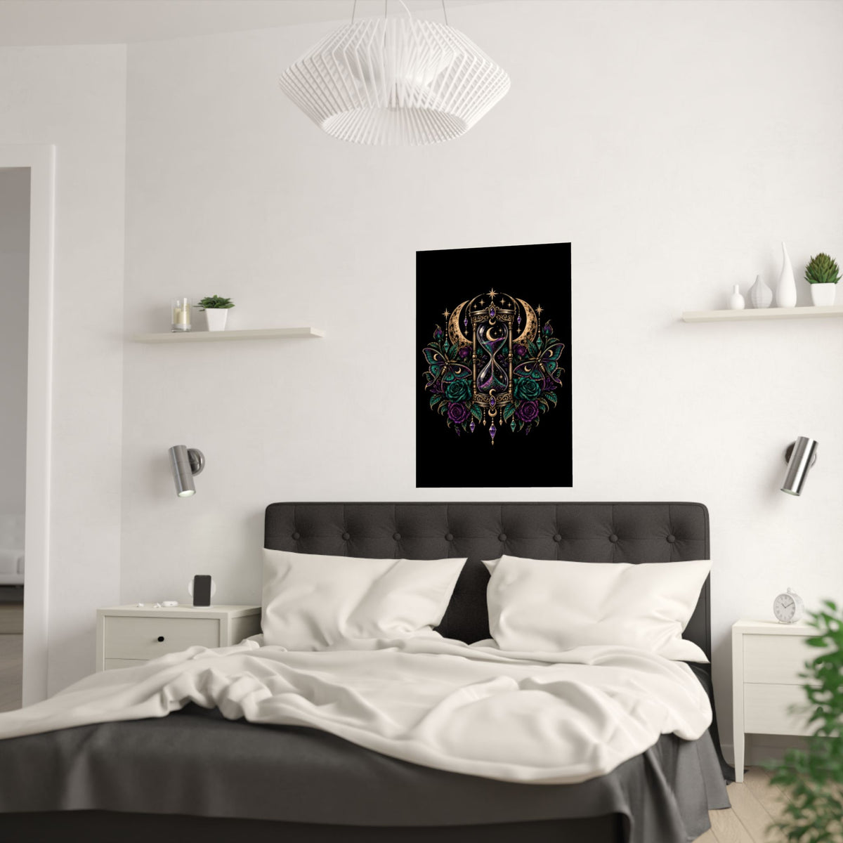 Jewel-tone Mystic Hourglass Satin Poster — Celestial Moon, Roses & Butterflies Wall Art