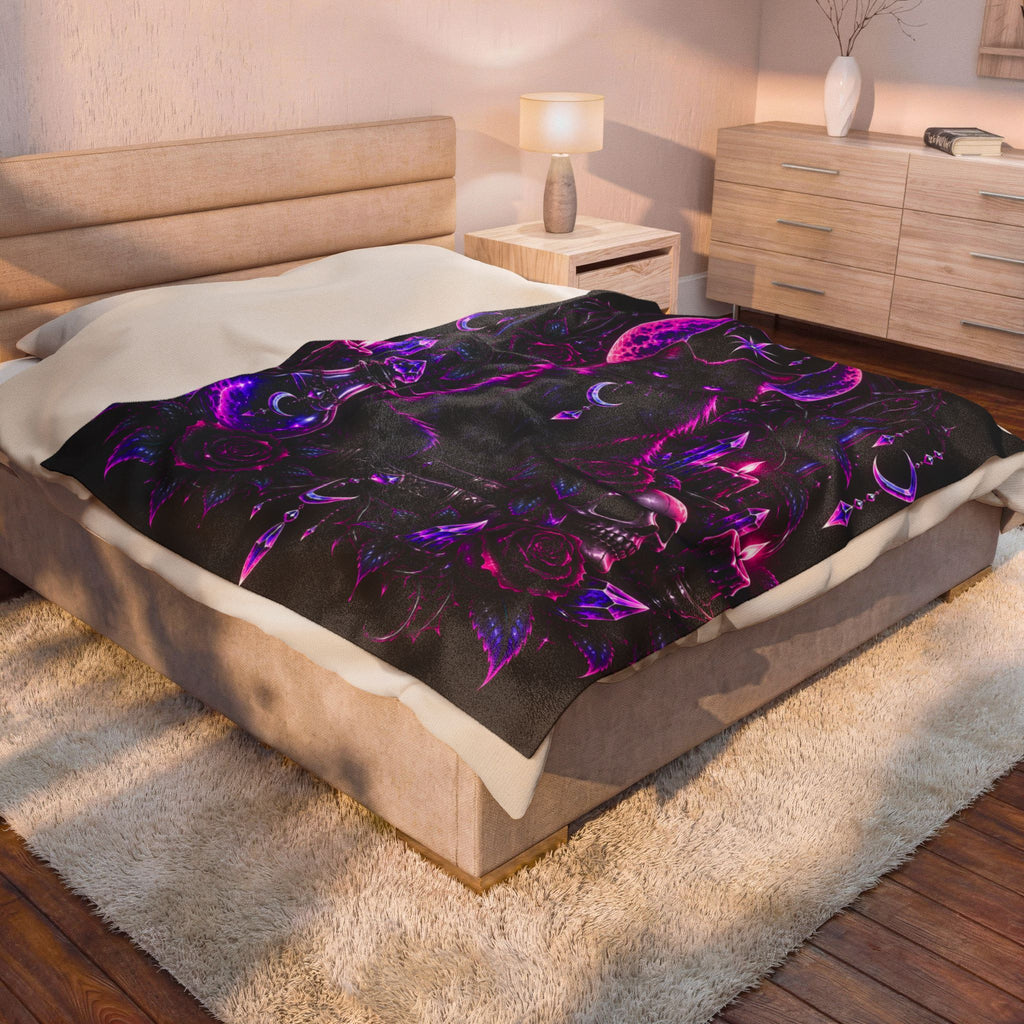 Neon Mystic Black Cat Velveteen Plush Blanket — Gothic Moon & Crystal Design