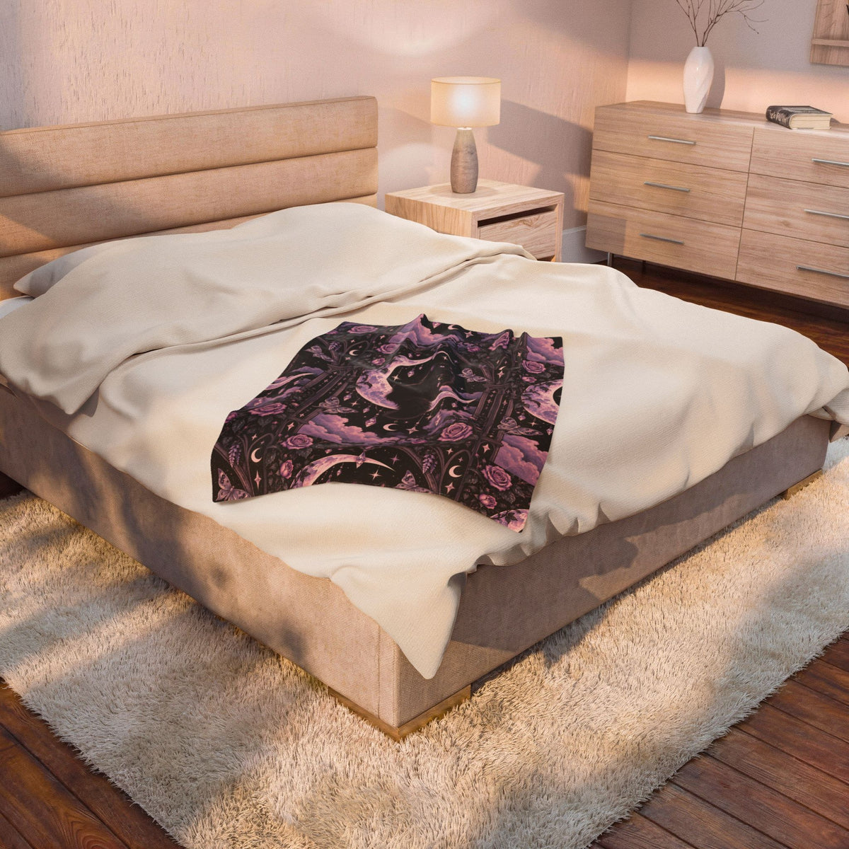 Pastel Mystic Moon Cat Velveteen Plush Blanket — Gothic Black Cat on Crescent Moon, Cozy Witchy Throw