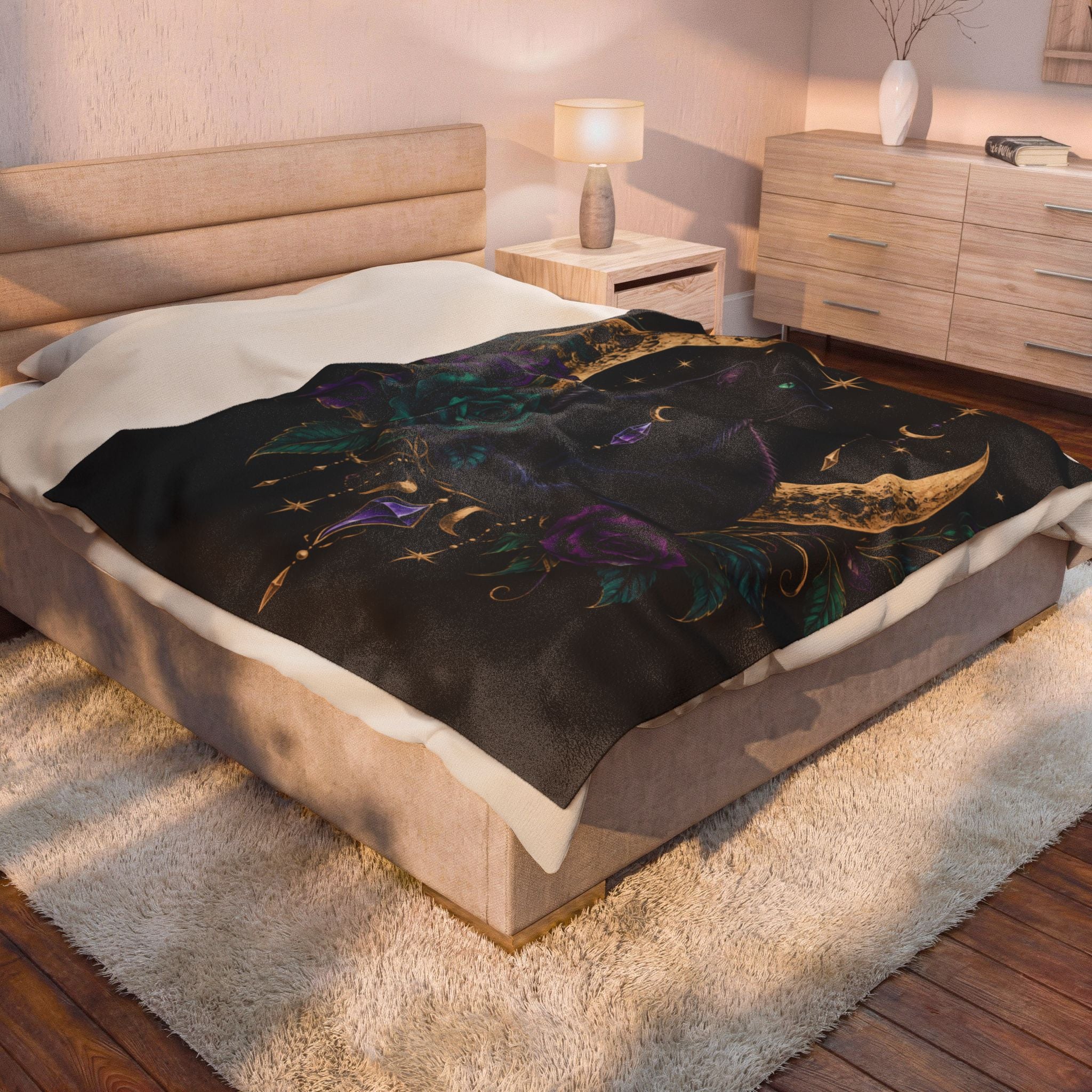 Jewel-tone Mystic Moon Cat Velveteen Plush Blanket