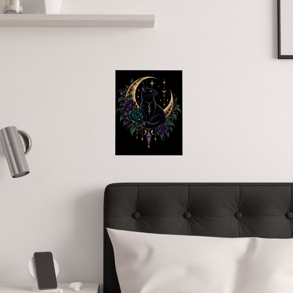 Jewel-tone Mystic Black Cat Moon Satin Poster — Gothic Rose Wall Art