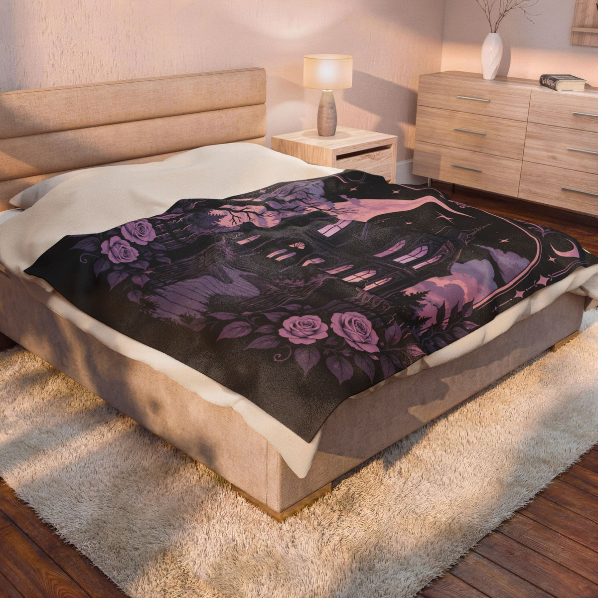 Pastel Haunted Victorian Mansion Velveteen Plush Blanket — Moonlit Gothic Throw