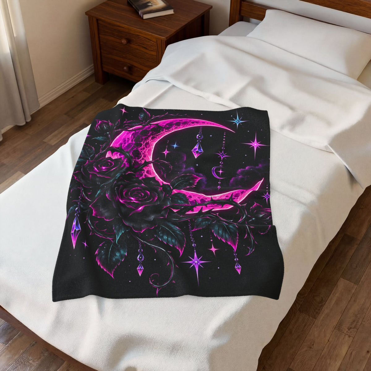 Moonlight Rose Velveteen Plush Blanket — Neon Pink Crescent Moon & Stars