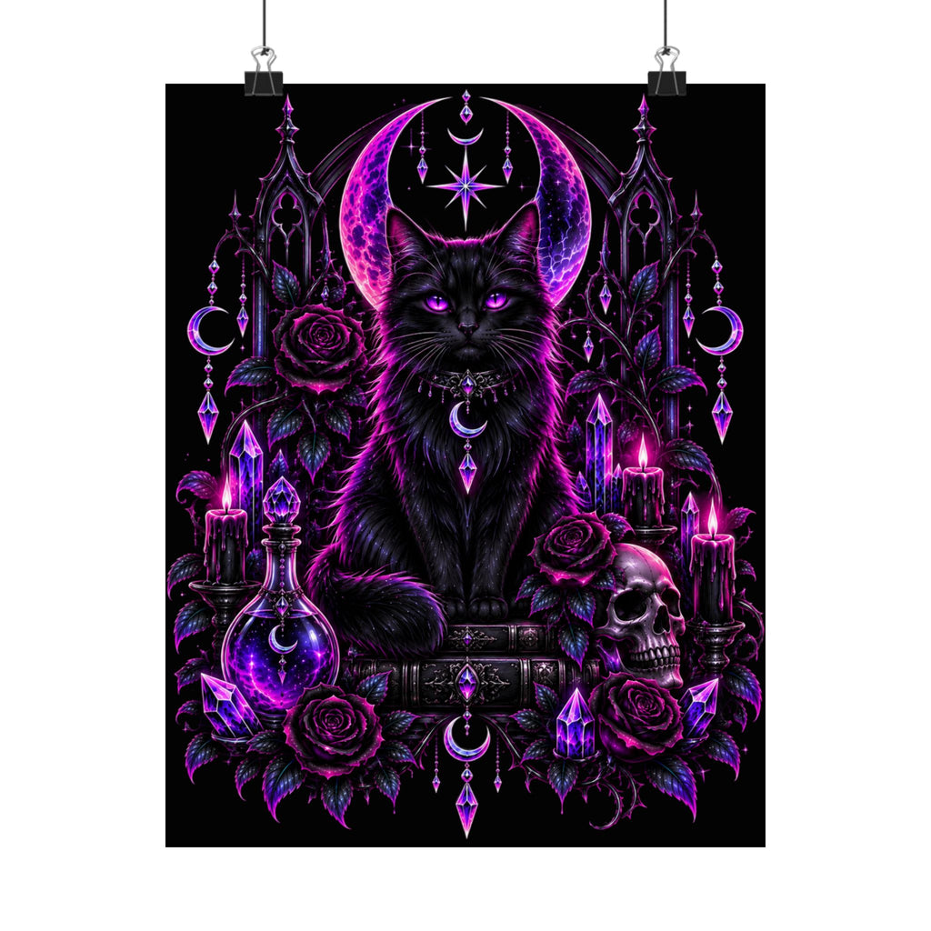 Neon Mystic Black Cat Satin Poster — Purple Gothic Witchcraft Wall Art