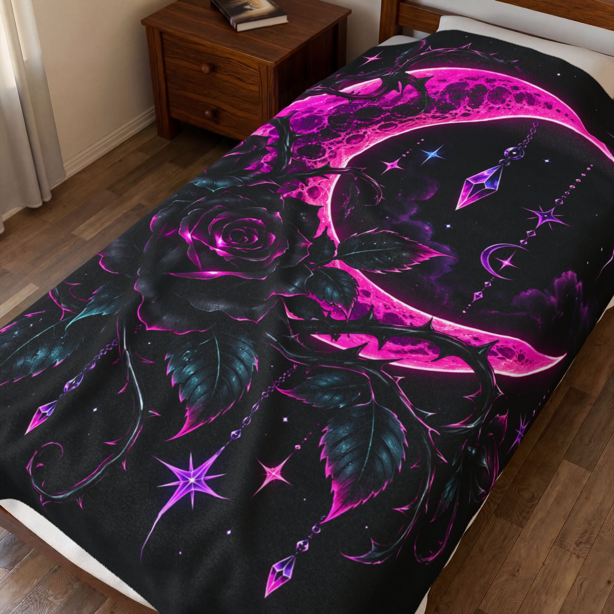 Moonlight Rose Velveteen Plush Blanket — Neon Pink Crescent Moon & Stars