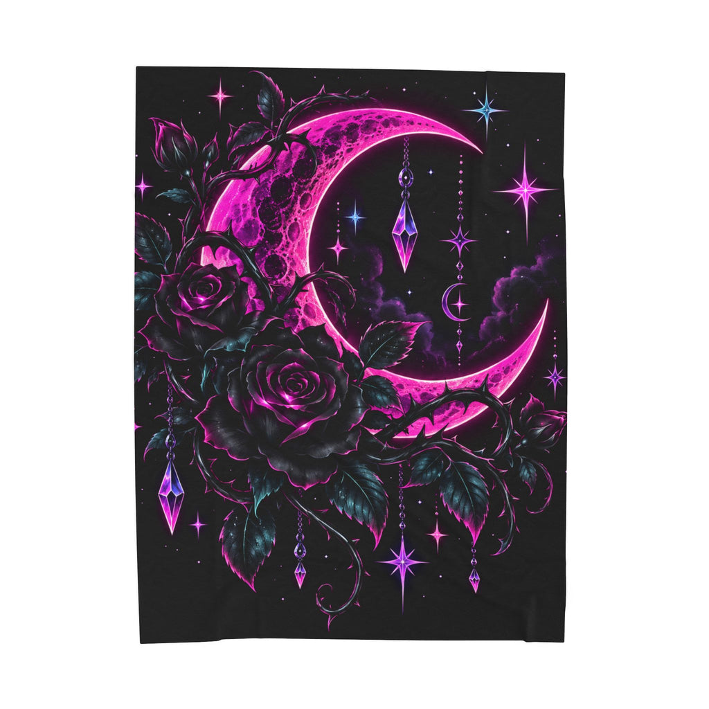 Moonlight Rose Velveteen Plush Blanket — Neon Pink Crescent Moon & Stars
