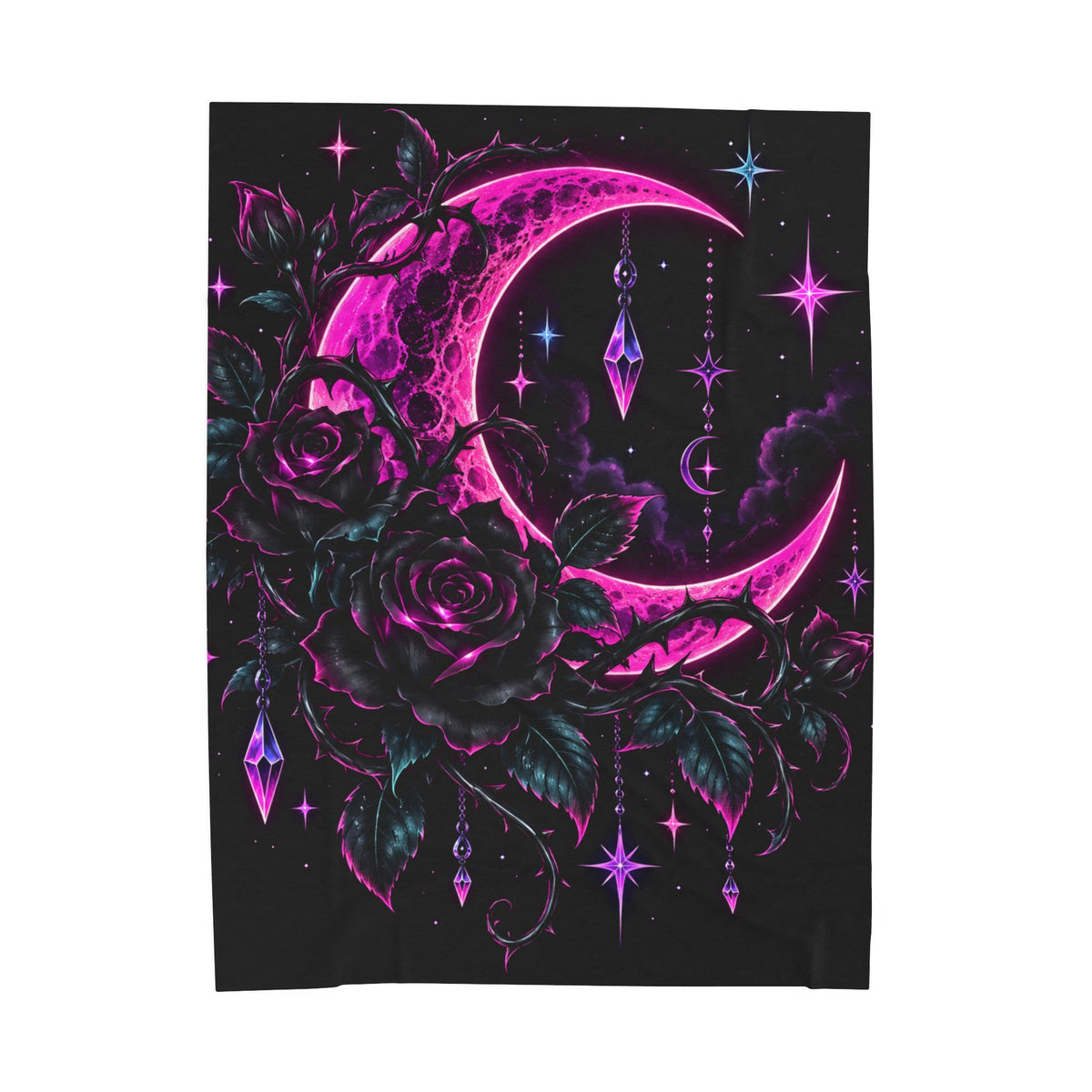 Moonlight Rose Velveteen Plush Blanket — Neon Pink Crescent Moon & Stars