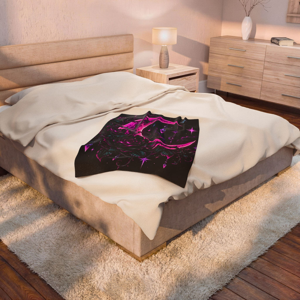 Moonlight Rose Velveteen Plush Blanket — Neon Pink Crescent Moon & Stars