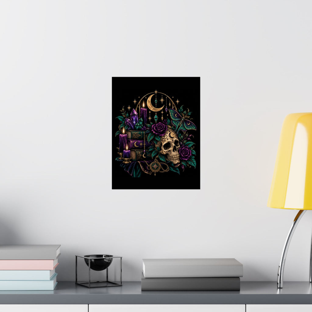 Jewel-tone Mystic Skull & Moon Satin Poster — Gothic Candle, Crystals & Moth Wall Art