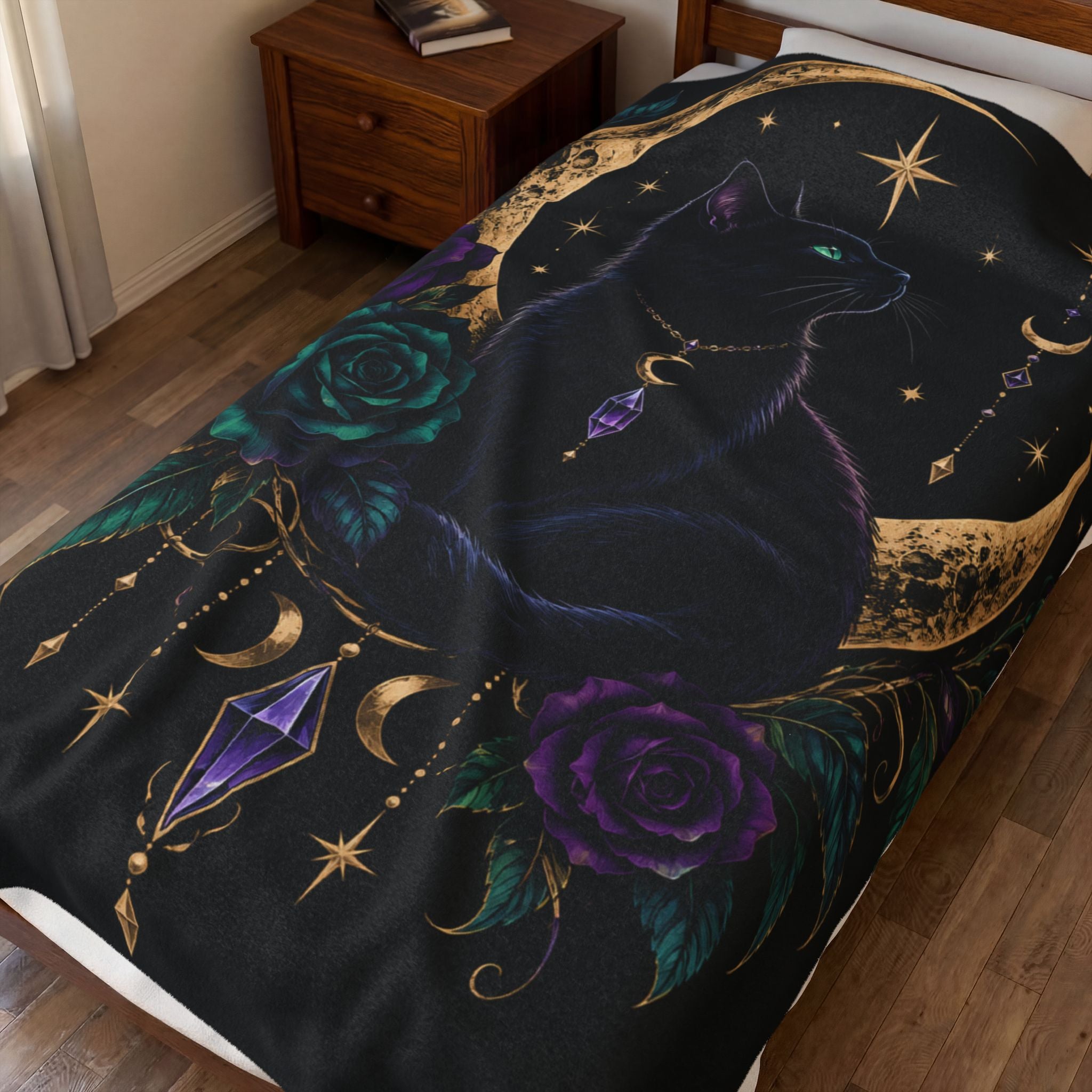 Jewel-tone Mystic Moon Cat Velveteen Plush Blanket