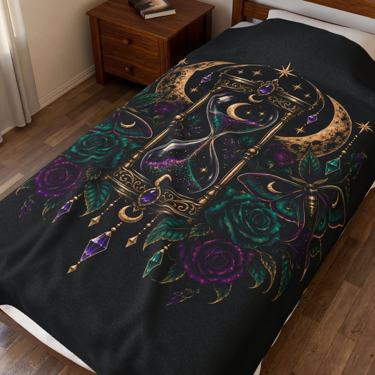Jewel-tone Mystic Hourglass Velveteen Plush Blanket — Gothic Moon & Jewel Floral Throw