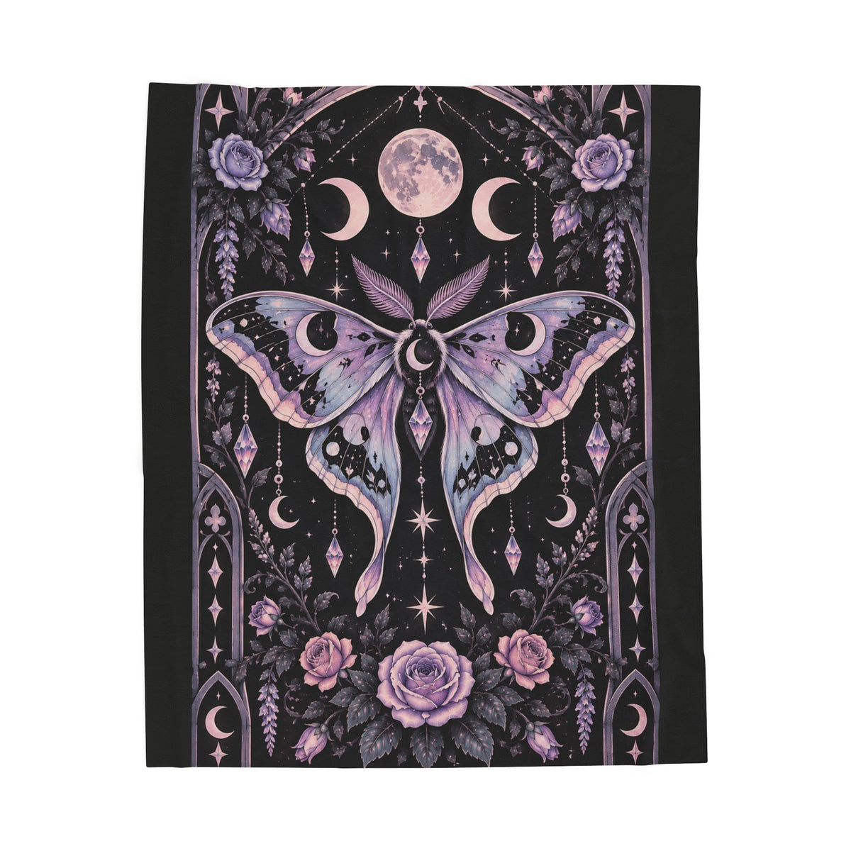 Pastel Mystic Moth Velveteen Plush Blanket — Moonphase & Floral Gothic Throw