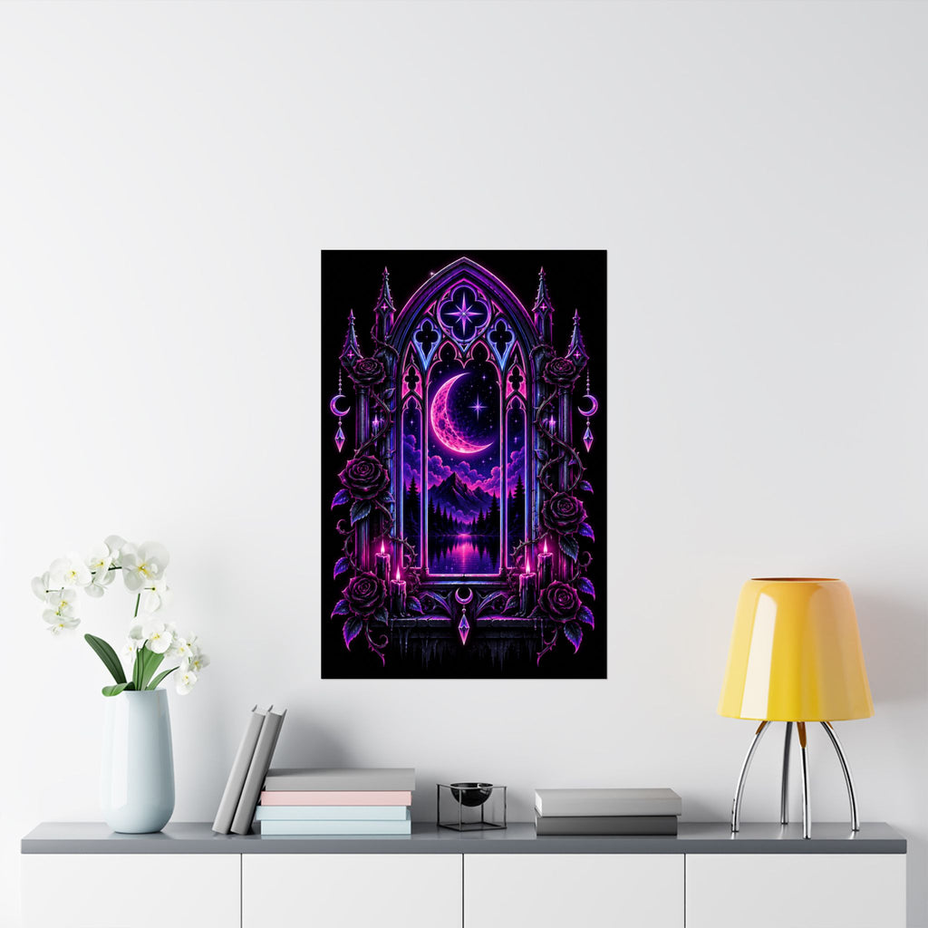 Neon Gothic Moonlight Satin Poster — Neon Purple Crescent Nightscape