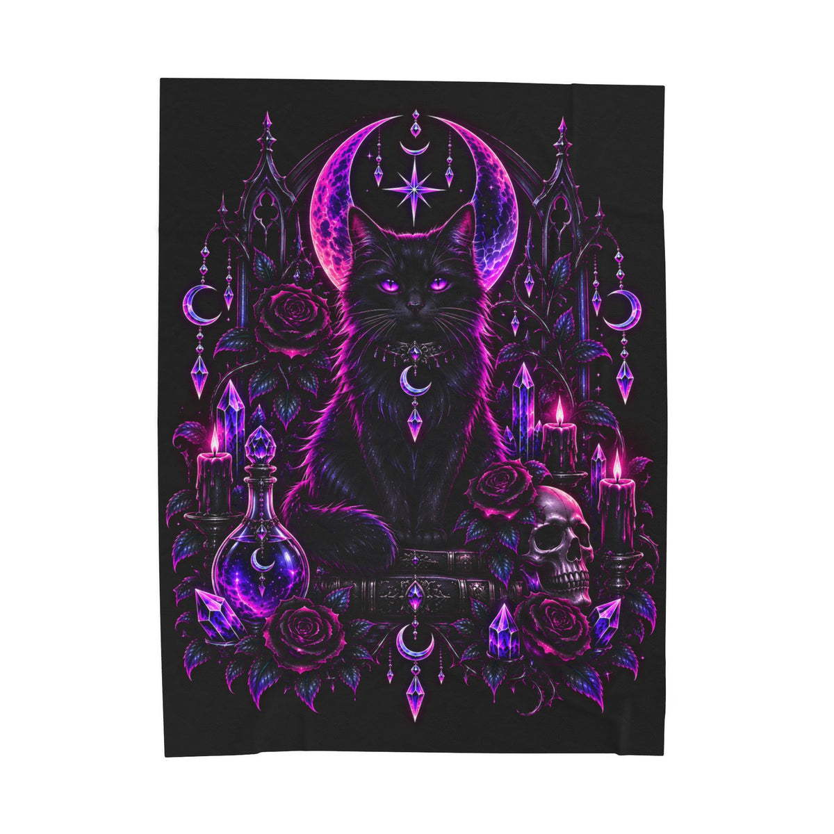 Neon Mystic Black Cat Velveteen Plush Blanket — Gothic Moon & Crystal Design