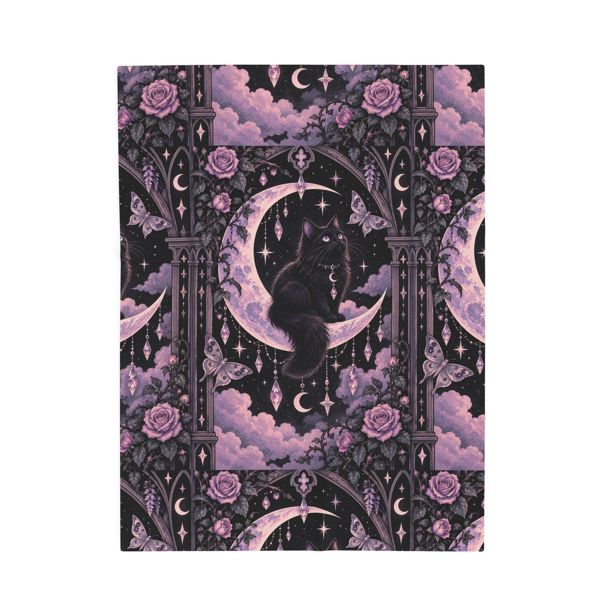 Pastel Mystic Moon Cat Velveteen Plush Blanket — Gothic Black Cat on Crescent Moon, Cozy Witchy Throw