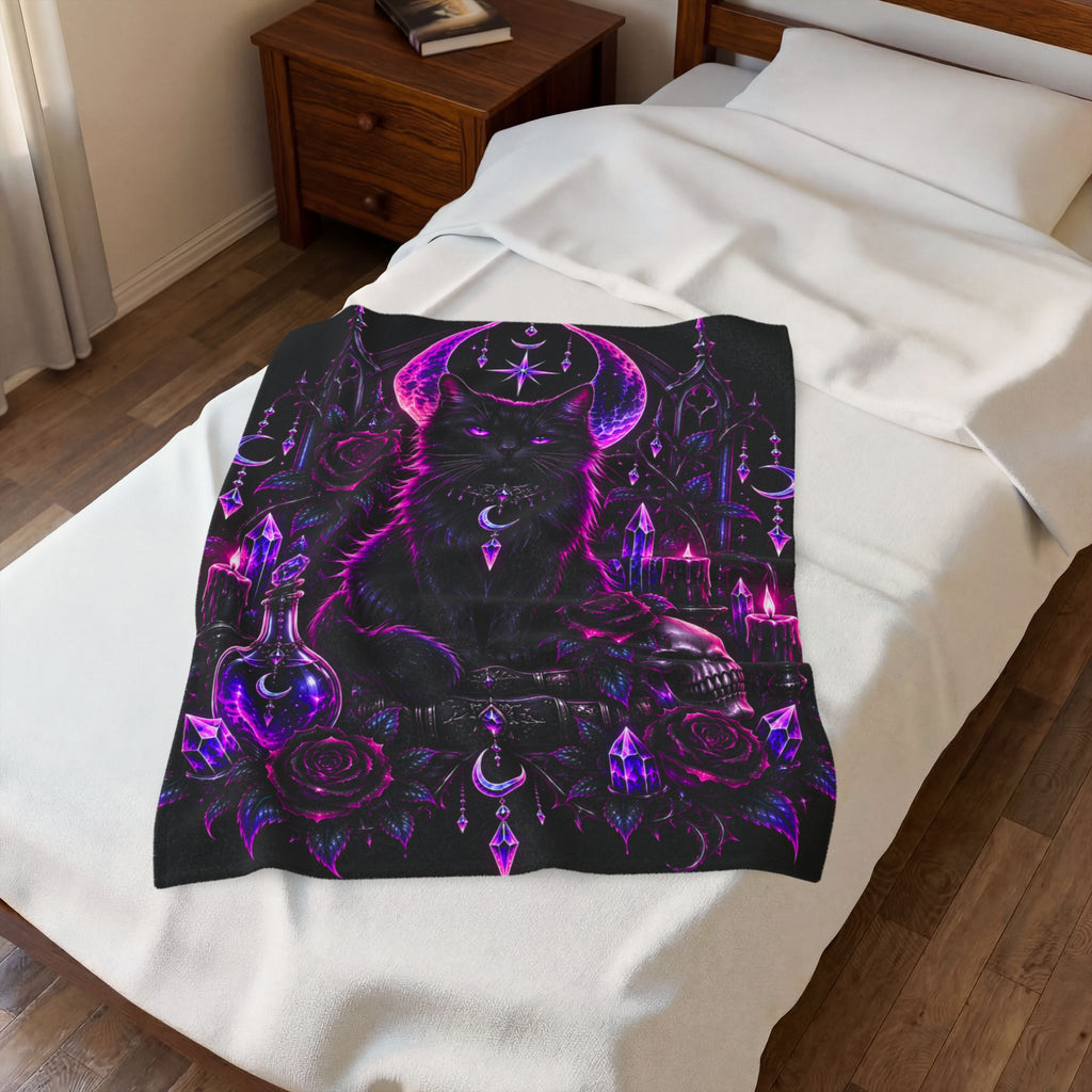 Neon Mystic Black Cat Velveteen Plush Blanket — Gothic Moon & Crystal Design