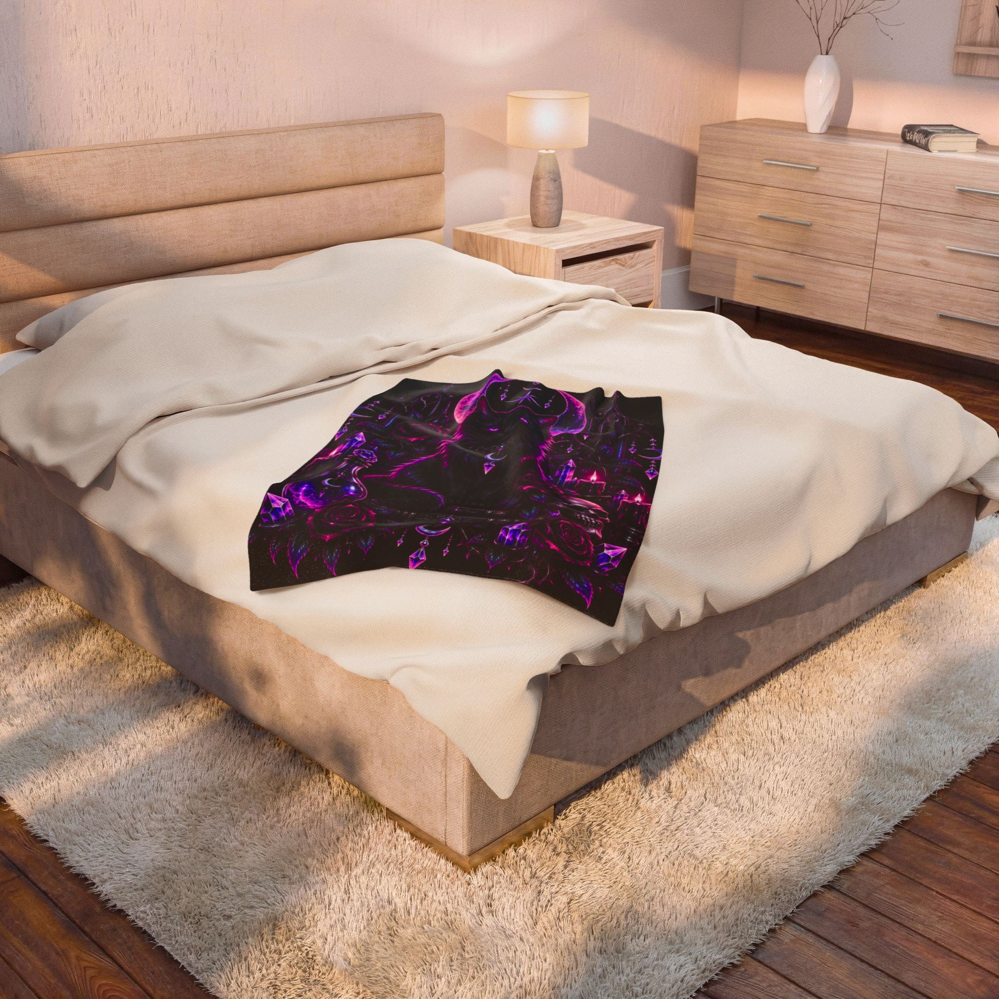 Neon Mystic Black Cat Velveteen Plush Blanket — Gothic Moon & Crystal Design