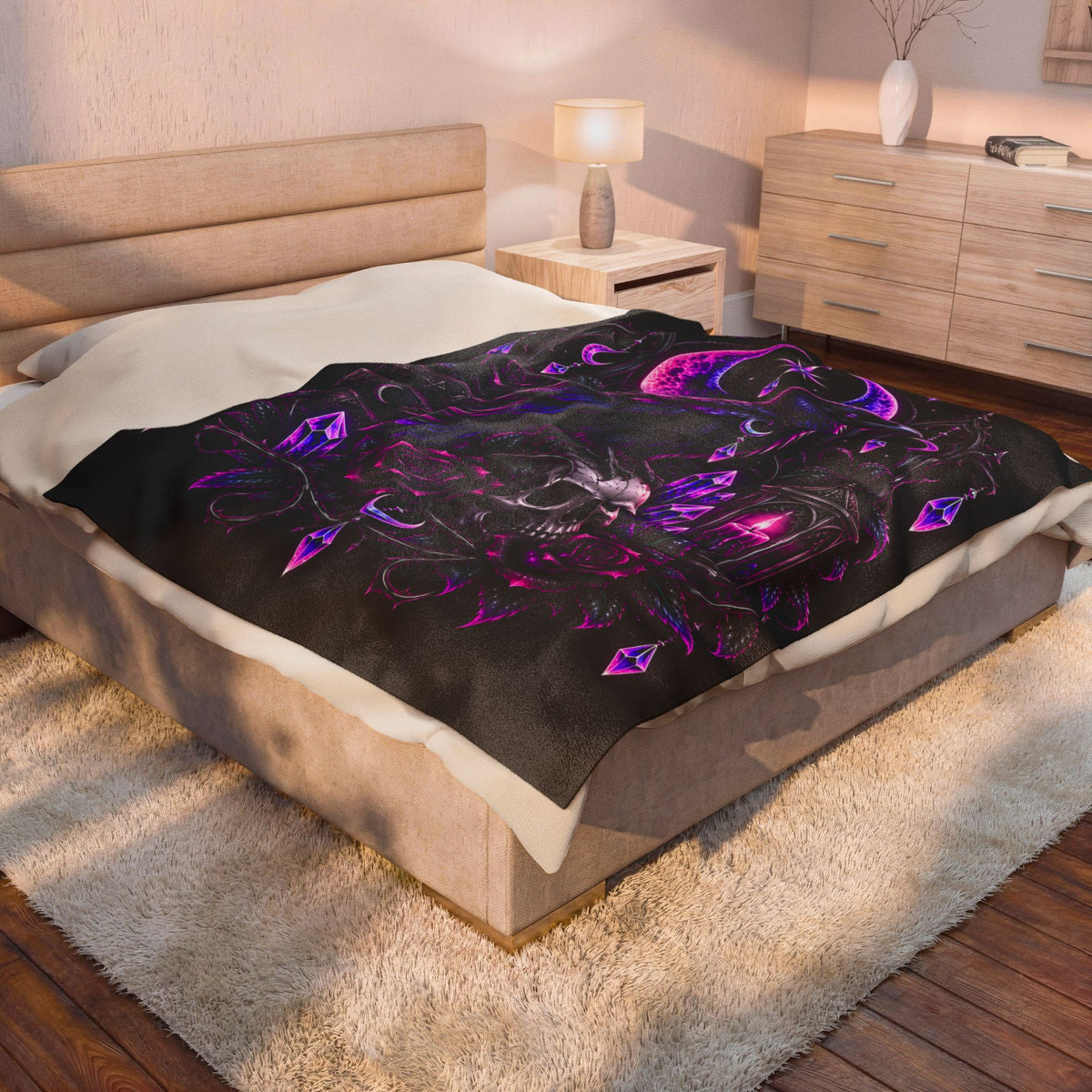 Neon Gothic Raven Moon Velveteen Plush Blanket — Skull, Roses & Crystal Lantern Throw