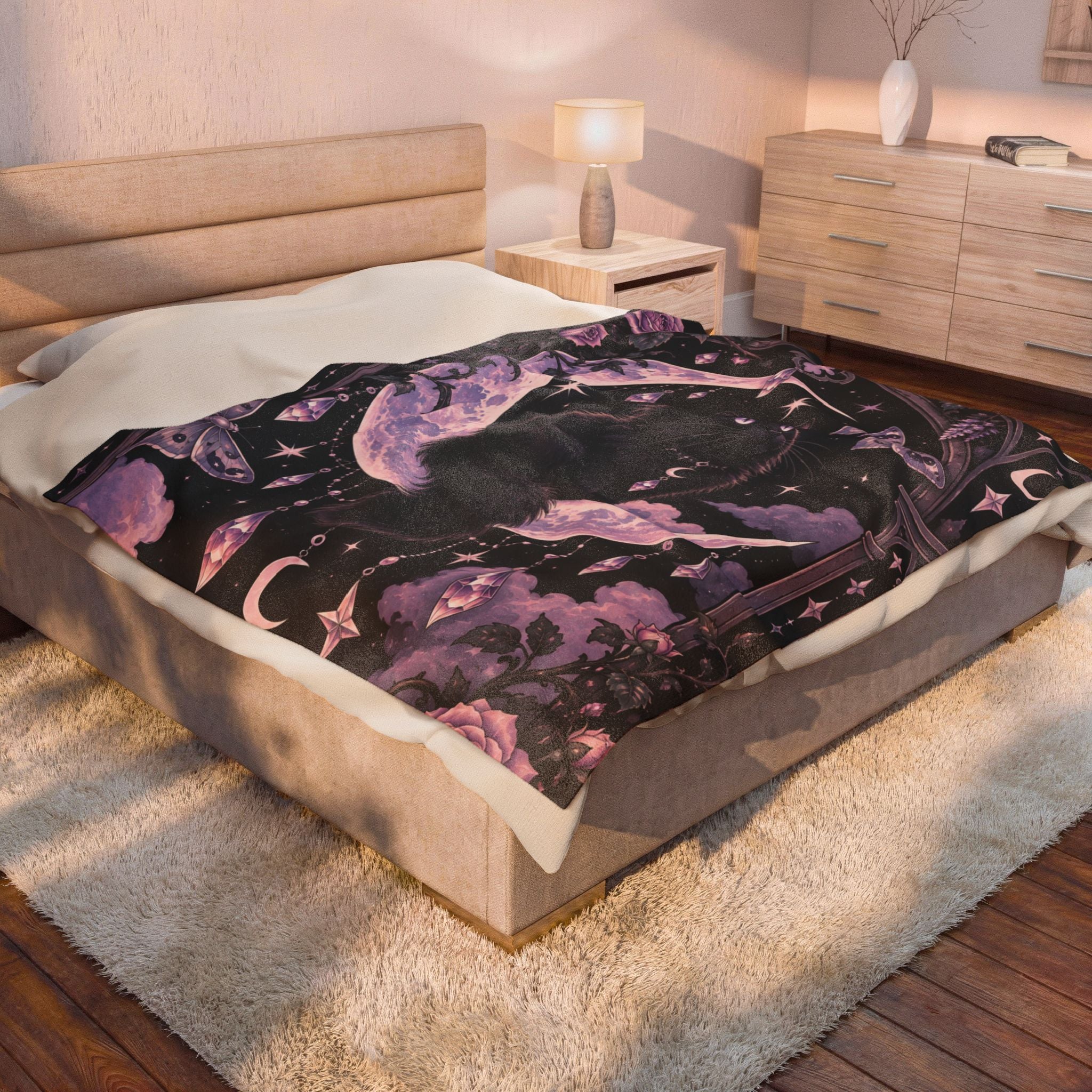 Mystic Moon Cat Velveteen Plush Blanket — Gothic Black Cat on Crescent Moon, Cozy Witchy Throw