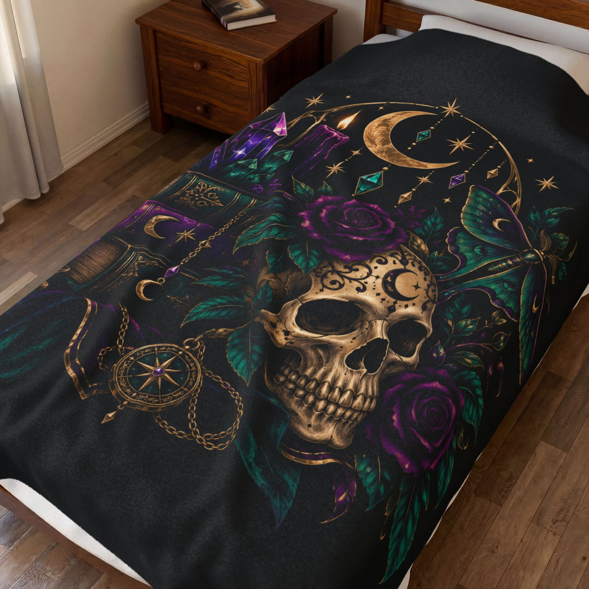Jewel-tone Velveteen Plush Blanket — Gothic Moon & Skull Velvet Throw with Crystals, Roses, and Mystic Candles