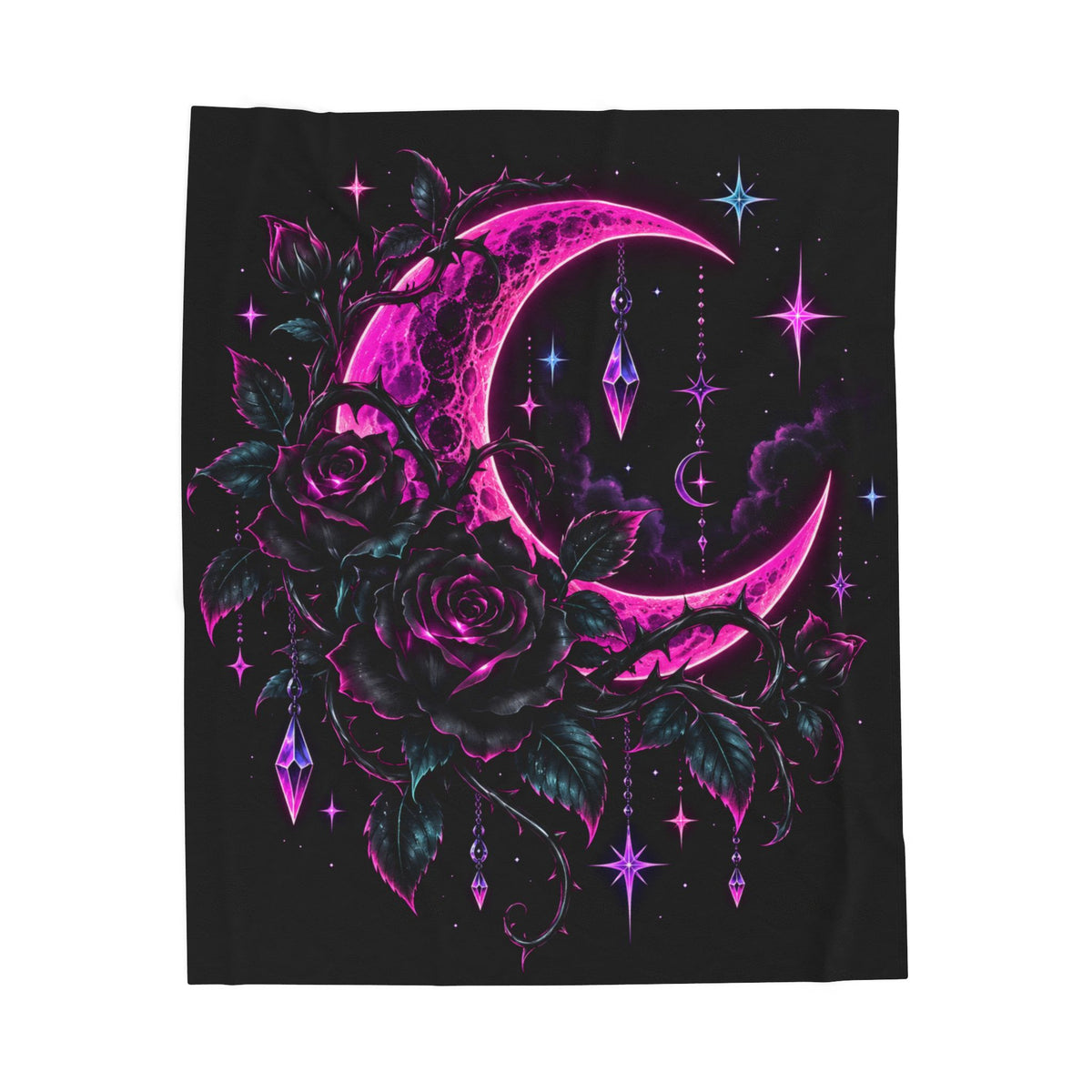 Neon Gothic Moon Velveteen Plush Blanket — Pink Crescent & Rose Night Sky Throw