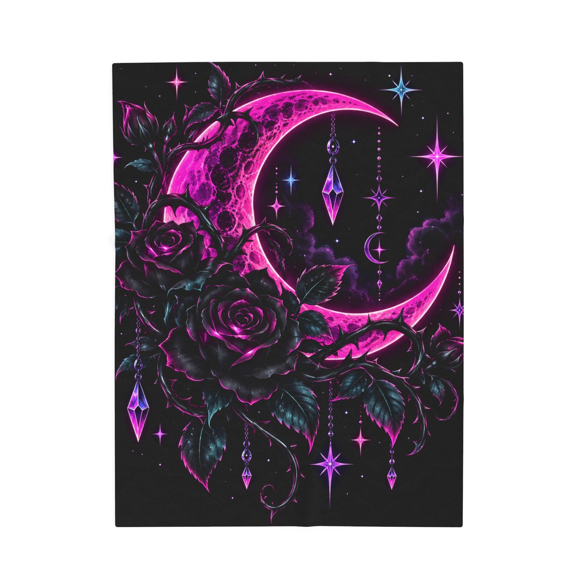 Moonlight Rose Velveteen Plush Blanket — Neon Pink Crescent Moon & Stars