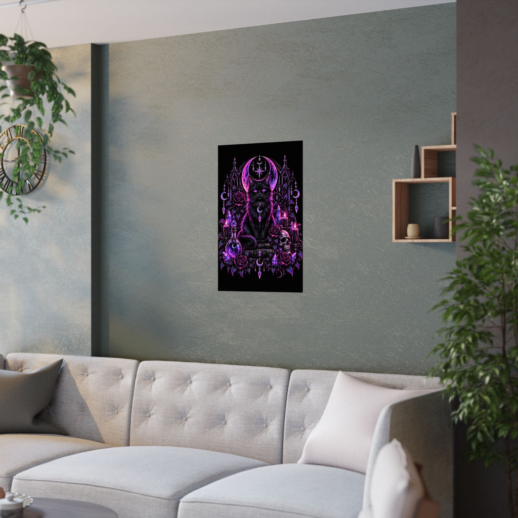 Neon Mystic Black Cat Satin Poster — Purple Gothic Witchcraft Wall Art