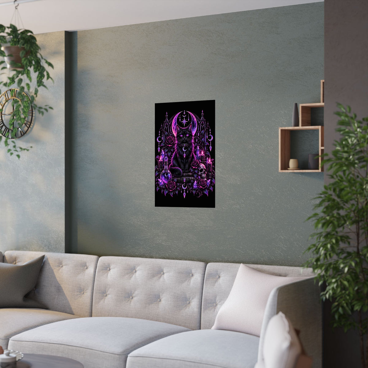 Neon Mystic Black Cat Satin Poster — Purple Gothic Witchcraft Wall Art