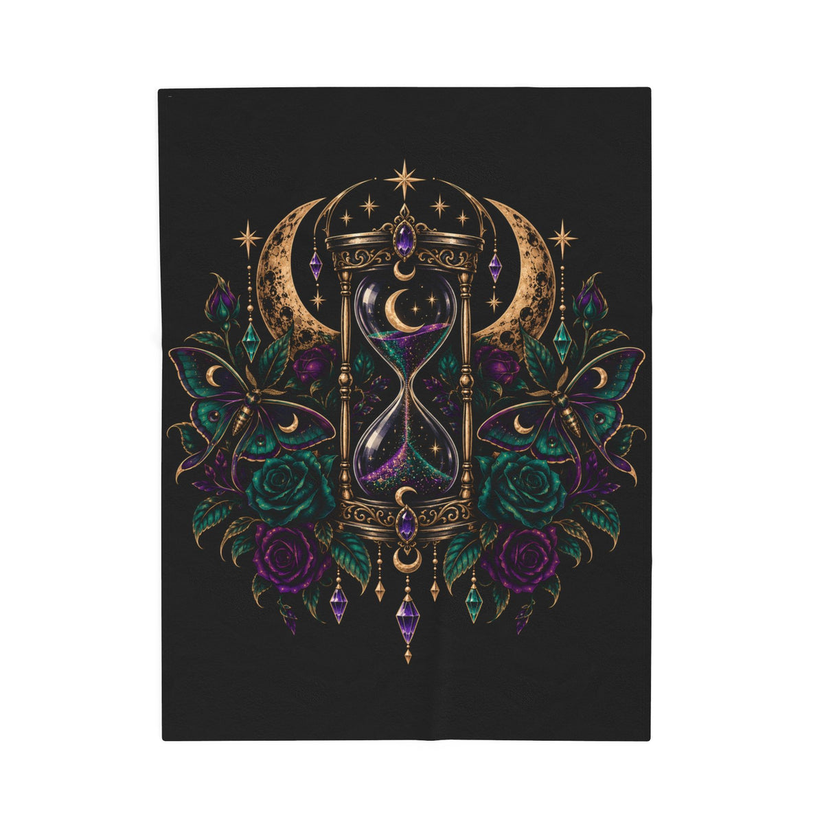 Jewel-tone Mystic Hourglass Velveteen Plush Blanket — Gothic Moon & Jewel Floral Throw