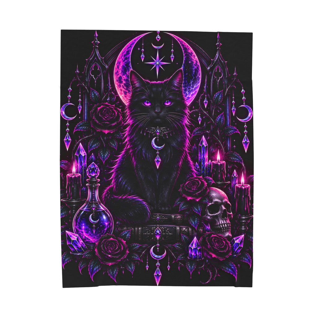Neon Mystic Black Cat Velveteen Plush Blanket — Gothic Moon & Crystal Design