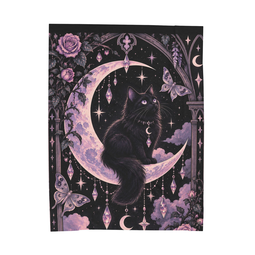 Mystic Moon Cat Velveteen Plush Blanket — Gothic Black Cat on Crescent Moon, Cozy Witchy Throw