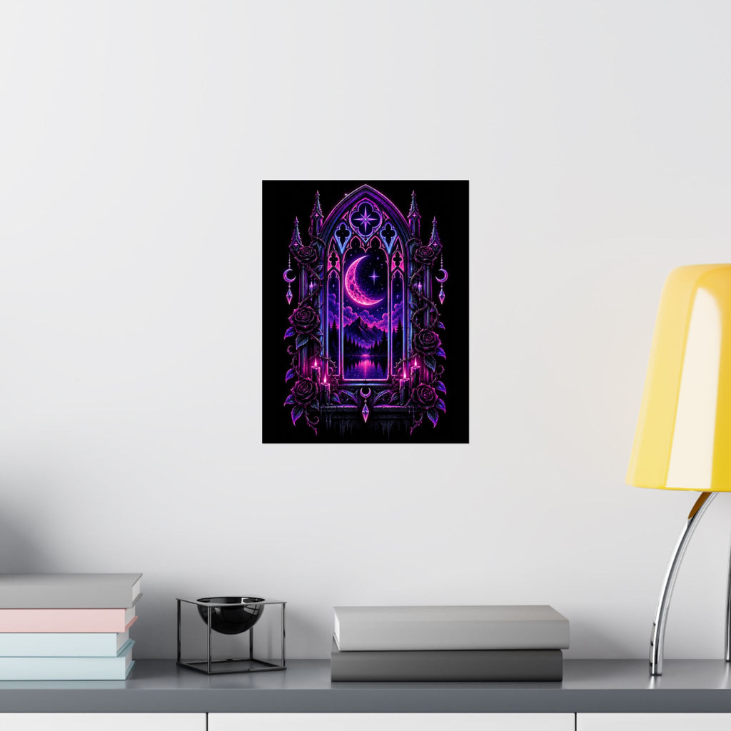 Neon Gothic Moonlight Satin Poster — Neon Purple Crescent Nightscape