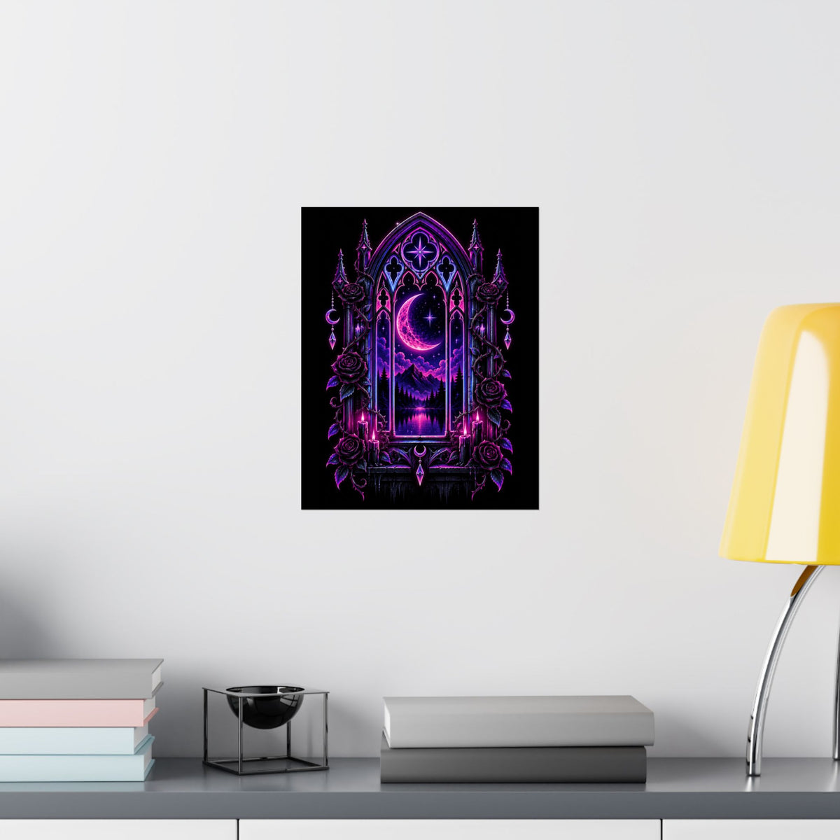 Neon Gothic Moonlight Satin Poster — Neon Purple Crescent Nightscape