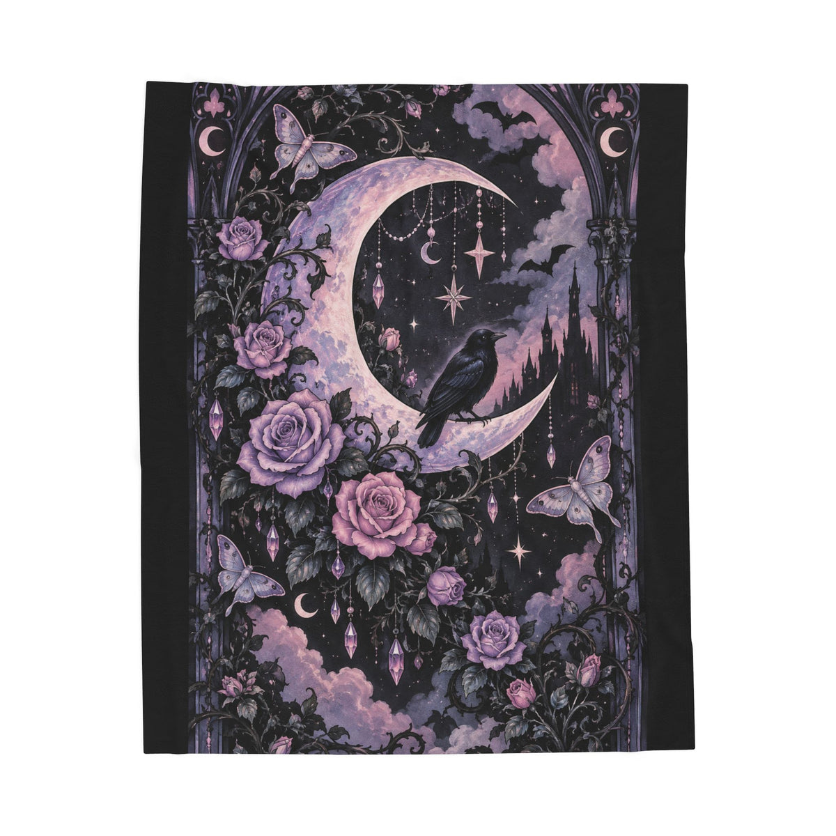 Pastel Gothic Moon Raven Velveteen Plush Blanket — Purple Floral Celestial Throw