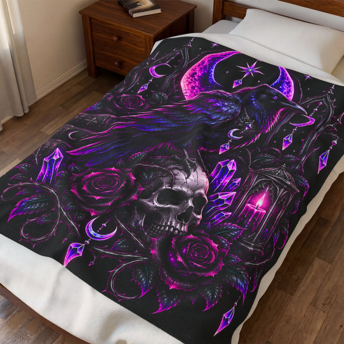 Neon Gothic Raven Moon Velveteen Plush Blanket — Skull, Roses & Crystal Lantern Throw