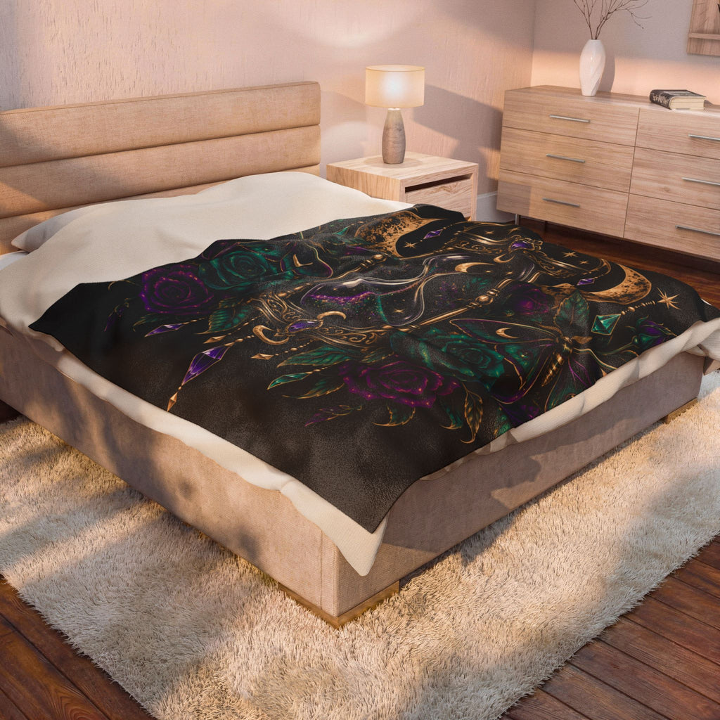 Jewel-tone Mystic Hourglass Velveteen Plush Blanket — Gothic Moon & Jewel Floral Throw